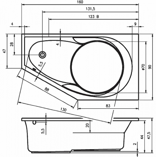 картинка Акриловая ванна Riho Yukon 160x90 B009001005 (BA3500500000000) L без гидромассажа от магазина Сантехстрой