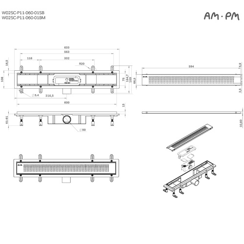 картинка W02SC-P11-060-01SB PrimeFlow Трап для душа линейный универс затвор Cut Gradient 60см цвет сталь мат от магазина Сантехстрой