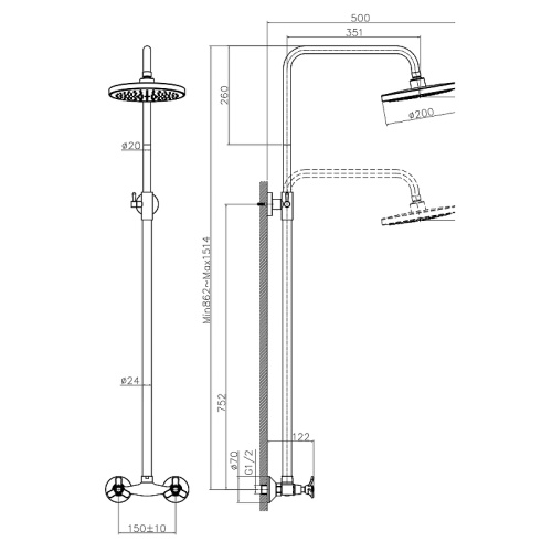 картинка Смеситель Rossinka для душа с регулируемой высотой штанги и лейкой Тропический дождь (Q02-44) от магазина Сантехстрой