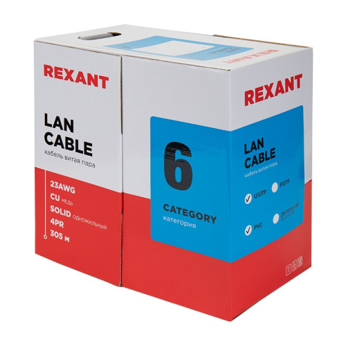картинка Кабель витая пара U/UTP,  CAT 6, PVC,  23AWG, INDOOR, SOLID,  синий,  305 м,  REXANT от магазина Сантехстрой
