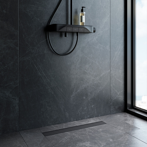 картинка W02SC-U11-060-04BM PrimeFlow Трап для душа линейный универс затвор Tile 60см цвет черн мат от магазина Сантехстрой