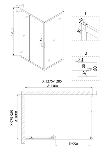картинка Душ.ограждение NG-62-13A-A100 (130*100*195) квадрат, дверь раздвижная, 2 места от магазина Сантехстрой