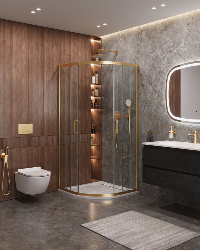 картинка Душевой уголок Cezares Molveno 100x100 MOLVENO-R-2-100-C-BORO-IV профиль Брашированное золото стекло прозрачное от магазина Сантехстрой