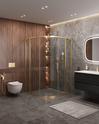 картинка Душевой уголок Cezares Molveno 110x110 MOLVENO-R-11-90+20-C-BORO-IV профиль Брашированное золото стекло прозрачное от магазина Сантехстрой