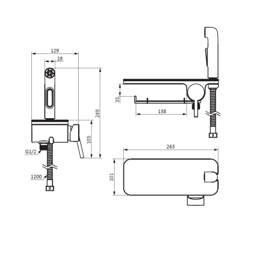 фото 773500301 jupiter, смеситель монтируемый в стену с гиг. душем и полкой, черный