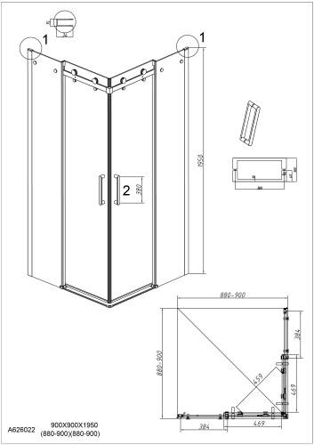 картинка Душ.ограждение 300.K33.04.9090.10.00 Classic (90*90*195) квадрат,раздвижная,хром,стекло прозрачн,2ме от магазина Сантехстрой