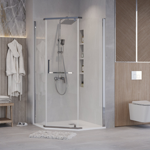 картинка Душ.ограждение 302.K33.03.9090.10.00 Pragma (90*90*195) трапеция,распашная,хром,стекло прозрачн,1ме от магазина Сантехстрой