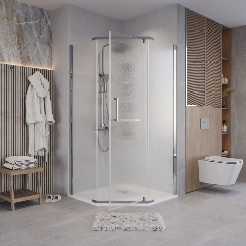 картинка Душ.ограждение 302.K33.03.9090.10.02 Pragma (90*90*195) трапеция,распашная,хром,стекло шиншилла,1ме от магазина Сантехстрой