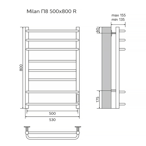 картинка Полотенцесушитель электрический AZARIO MILAN 500/800 8 секций, диммер справа, хром (AZ90858) от магазина Сантехстрой