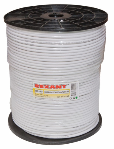 картинка Кабель коаксиальный RG-6U+Cu,  75 Ом, Cu/Al/Cu,  64%,  305 м, INDOOR,  белый,  REXANT от магазина Сантехстрой