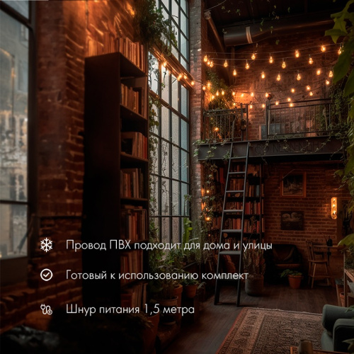 картинка Уличная гирлянда Лофт 7,5м,  черный ПВХ,  25 прозрачных ламп,  цвет Теплый Белый,  влагостойкая IP44 от магазина Сантехстрой