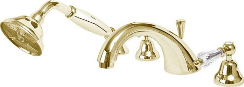 фото смеситель cezares diamond-bvd-03/24-sw на борт ванной с ручным выдвижным душем, золото 24 карат, ручки swarovski