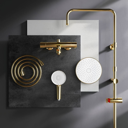 картинка F0785A599 X-Joy, душ.система:  см-ль д/ванны/душа с ТМС, душ.штанга,верх.душ 220мм, руч.душ, золото от магазина Сантехстрой