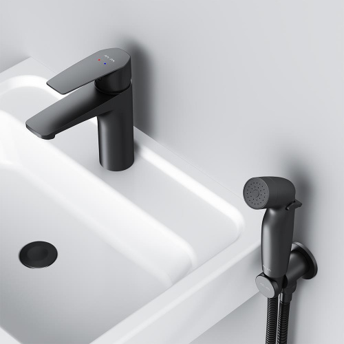 картинка F90A03022 Gem, смеситель для умывальника с гиг.душем, излив 99 мм, черный, шт от магазина Сантехстрой