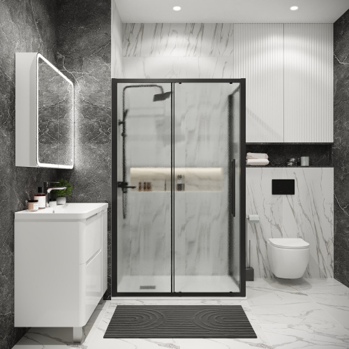 картинка Душевая перегородка 200.K33.02.80.21.02 Cosmo (80*195) черный матовый, стекло шиншилла, 1 место от магазина Сантехстрой