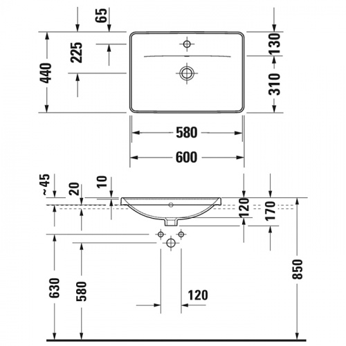 картинка Duravit D-Neo Раковина встраиваемая сверху  600х400  мм,, с переливом, с 1 отв. под смеситель, цвет: белый от магазина Сантехстрой