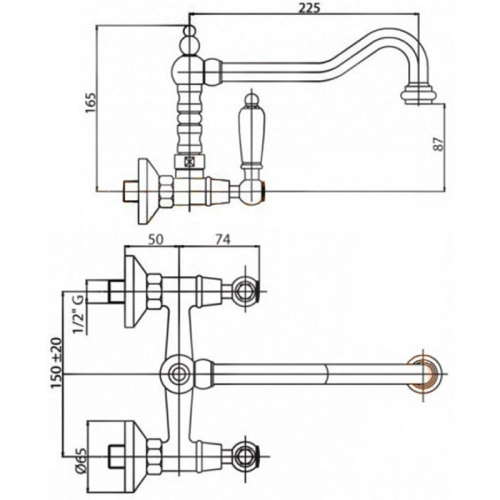 картинка Кухонный смеитель для настенного монтажа золото 24 карат, ручки золото 24 карат Cezares Lord LORD-LLP-03/24 от магазина Сантехстрой
