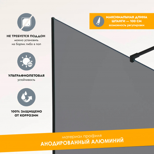 картинка Душевая перегородка, ограждение Reflexion RX200100TBL-15 Walk in 200x100см, тонированное закаленное стекло 8мм, черный профиль от магазина Сантехстрой