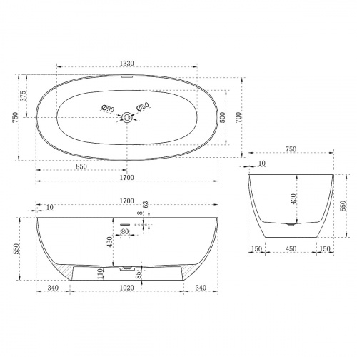 картинка Ванна Solid Surface Vincea VBT-6S01MW, белый матовый от магазина Сантехстрой