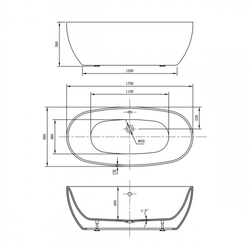 картинка Ванна акриловая Vincea VBT-405-1700, 1700*800*580, цвет белый, слив-перелив в комплекте, хром от магазина Сантехстрой