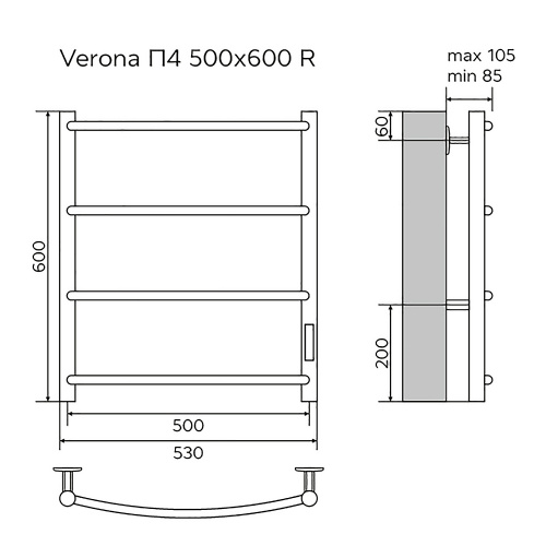 картинка Полотенцесушитель электрический AZARIO VERONA 500/600 4 секции, диммер справа, белый (AZ04856W) от магазина Сантехстрой
