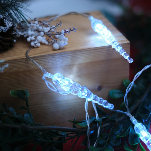 картинка Гирлянда светодиодная Сосульки 1,5 м,  10 LED,  прозрачный ПВХ,  цвет свечения белый,  2 х АА (батарейки не в комплекте) NEON-NIGHT от магазина Сантехстрой