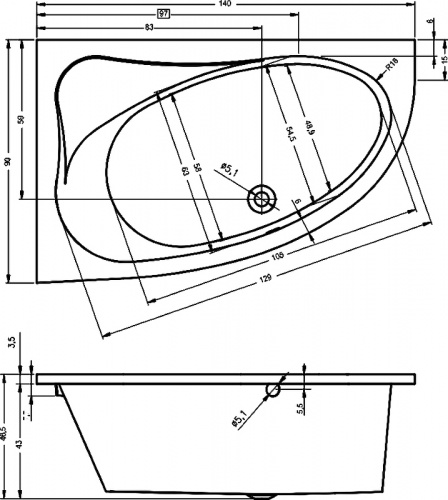 картинка Акриловая ванна Riho Lyra 140x90 B019001005 (BA6500500000000) R без гидромассажа от магазина Сантехстрой