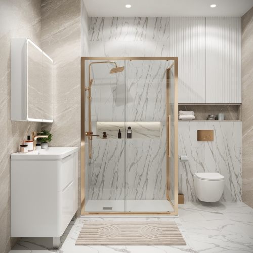 картинка Душевая перегородка 200.K33.02.80.32.00 Cosmo (80*195) золото сатин, стекло прозрачное, 1 место от магазина Сантехстрой