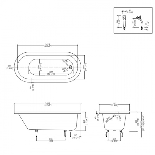 картинка Devon Bayswater Ванна встроенная чугунная овальная  165x75xh46 cм, цвет: белый (с комплектом ножек) от магазина Сантехстрой