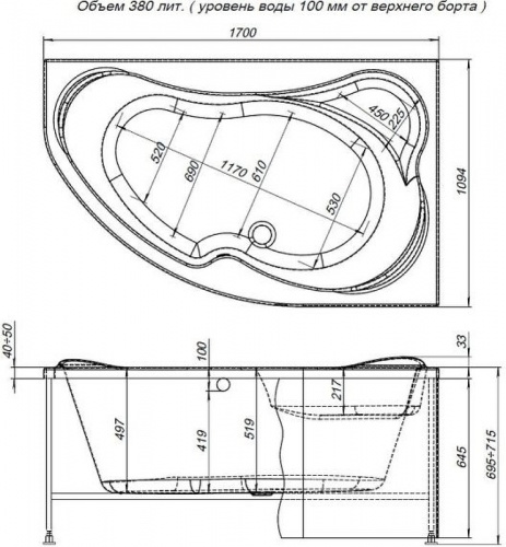 картинка Акриловая ванна Aquanet Capri 170x110 R 203922 без гидромассажа от магазина Сантехстрой
