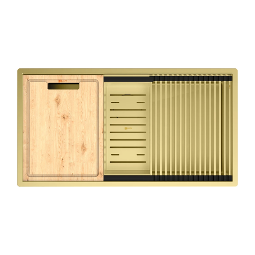 картинка Кухонная мойка Lemark TABAGA 820 прямоугольная из нержавеющей стали с аксессуарами в комплекте: ролл-мат, коландер, разделочная доска цвет: светлое золото (9938134) от магазина Сантехстрой