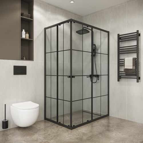 картинка Душевое ограждение Niagara Eco NG-1018-14QKL (100х80х190) прямоугольник,раздвижное,черный,стекло клетка,1 место от магазина Сантехстрой