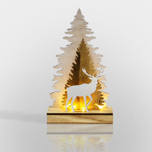картинка Деревянная фигурка с подсветкой Елочка с оленем 18x7x29 см от магазина Сантехстрой