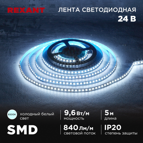 картинка Лента светодиодная 24В,  SMD2835, 9,6Вт/м,  120 LED/м,  6500K,  10мм,  5м, IP20 REXANT от магазина Сантехстрой