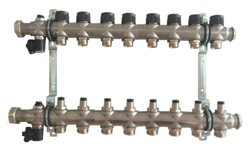 картинка Коллектор, 1", Multidis SF 8, выход-3/4" ЕК, нержавеющая сталь, со встроенными регулирующими вставками на подаче (нов.арт. 1405558) от магазина Сантехстрой