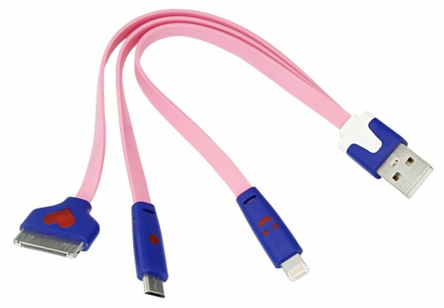 картинка USB 3 в 1 кабель Lightning/30pin/micro USB/PVC/flat/pink/0,15m/REXANT от магазина Сантехстрой