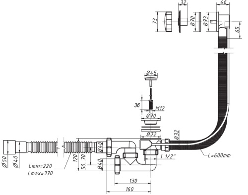 картинка Слив-перелив для ванны ОРИО 1 1/2 х 40 полуавтомат, регулируемый с переливом и гибкой трубой 40/50 (А-28089) от магазина Сантехстрой