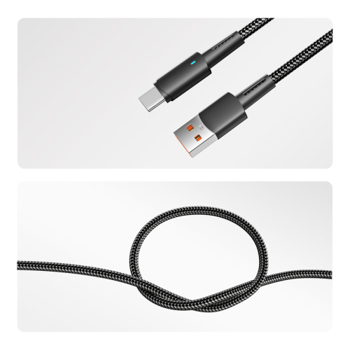картинка Кабель USB-A – Type-C,  6А,  66Вт,  1м,  в черной нейлоновой оплетке,  со световой индикацией REXANT от магазина Сантехстрой