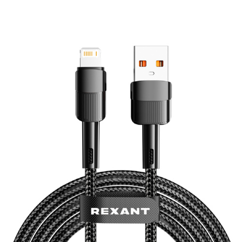 картинка Кабель USB-A – Lightning для Apple,  2,4А,  1м,  в черной нейлоновой оплетке REXANT от магазина Сантехстрой