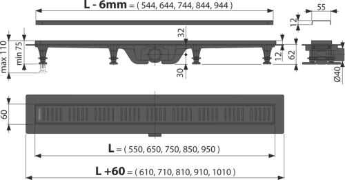 картинка Душевой лоток Alcadrain с черной матовой решеткой (APZ10BLACK-550M) от магазина Сантехстрой