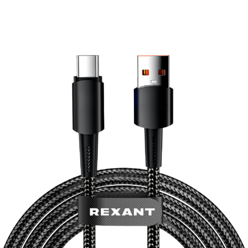 картинка Кабель USB-A – Type-C,  6А,  120Вт,  1м,  в черной нейлоновой оплетке REXANT от магазина Сантехстрой