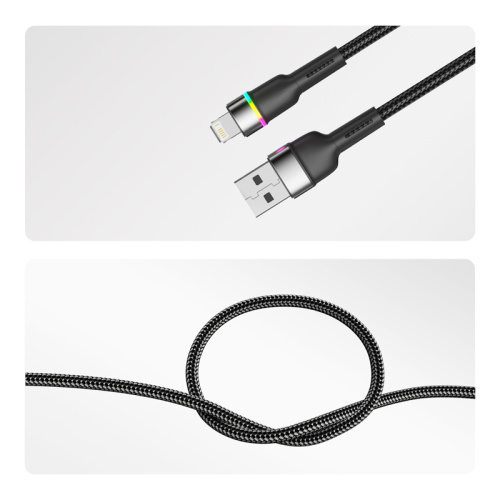 картинка Кабель USB-A – Lightning для Apple,  2,4А,  1м,  в черной нейлоновой оплетке,  с LED подсветкой REXANT от магазина Сантехстрой