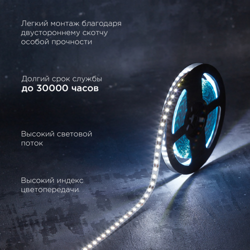 картинка Лента светодиодная 12В,  SMD2835, 14,4Вт/м,  120 LED/м,  6500K,  8мм,  5м,  IP20 REXANT от магазина Сантехстрой